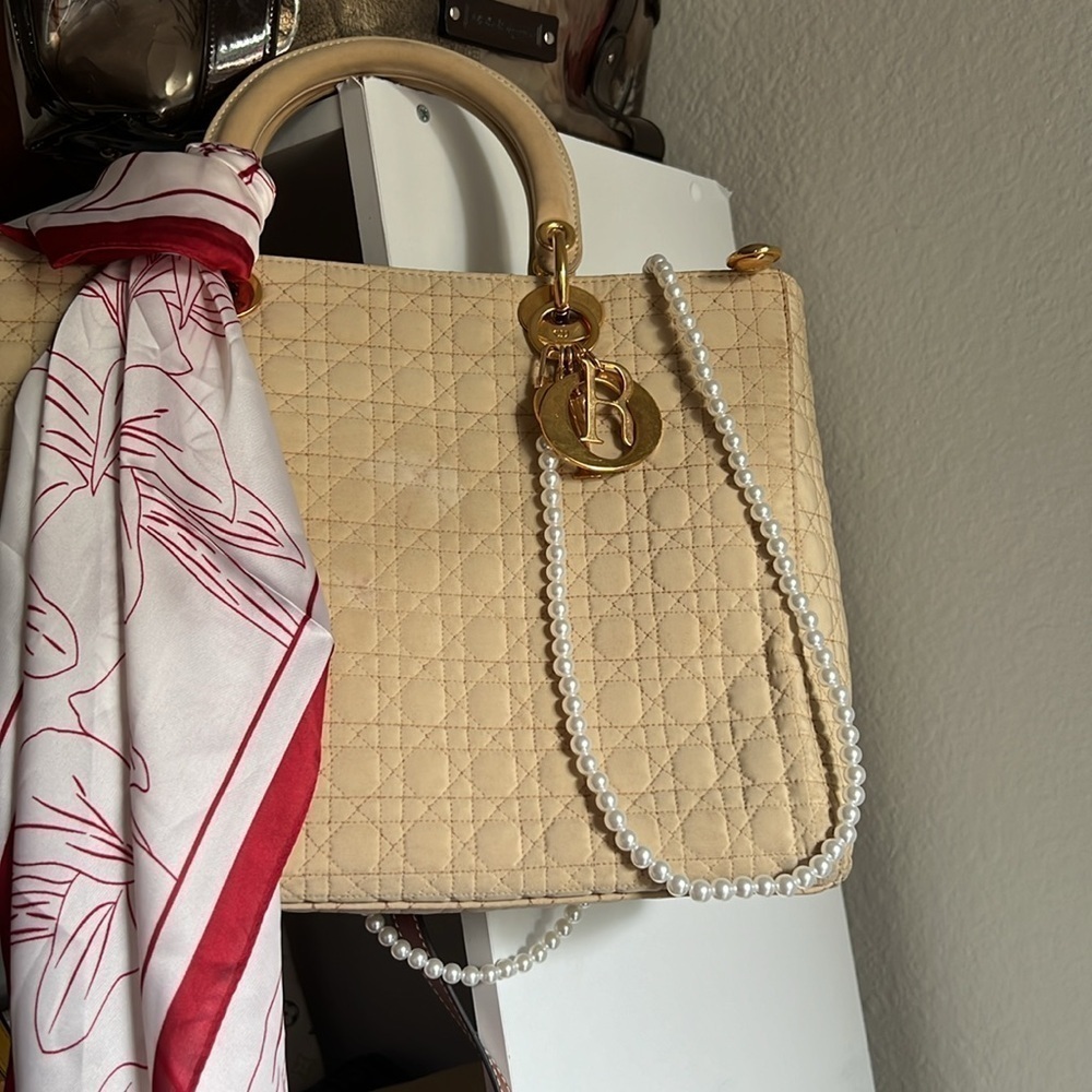 Christian dior Lady Dior Cannage Cream/off nylon quilted beige Handbag - Picture 13 of 13